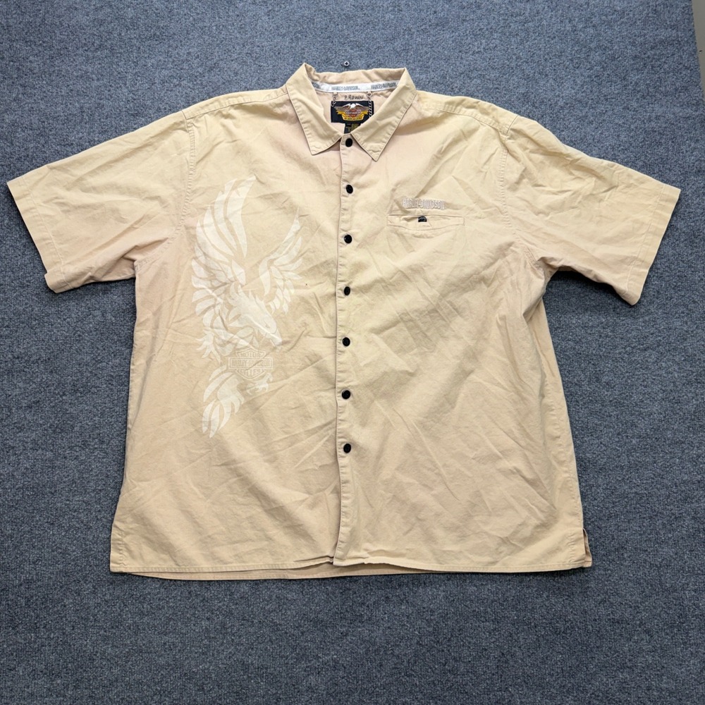 Harley Davidson Mens XXL Tan Eagle Graphic Short Sleeve Button Up Shirt Khaki